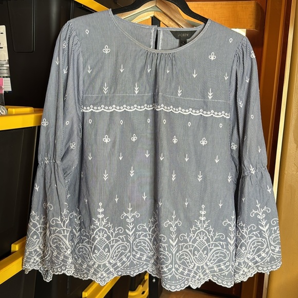 J. Crew Embroidered Stripe 100% Cotton Poplin Bell Sleeve Blouse Size Large - Picture 3 of 10
